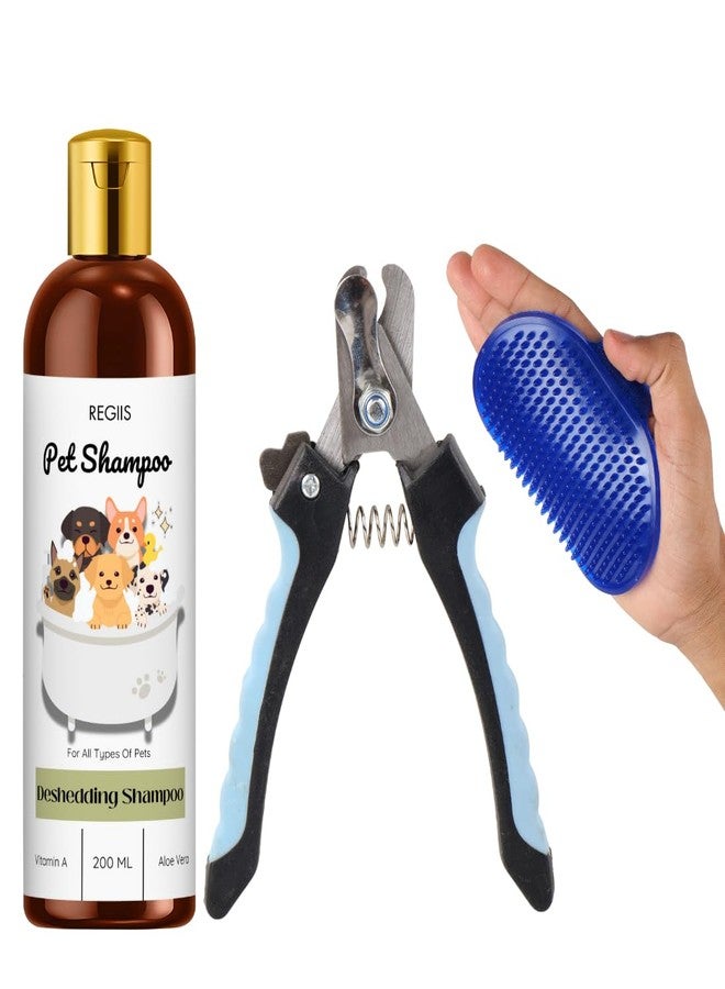 مجموعة شامبو الحيوانات الأليفة من ريجيس مع فرشاة إزالة الشعر الزائد ومقص أظافر، 200 مل، مجموعة العناية بالكلاب بفيتامين أ والصبار (عبوة من 3 قطع) - Image 1